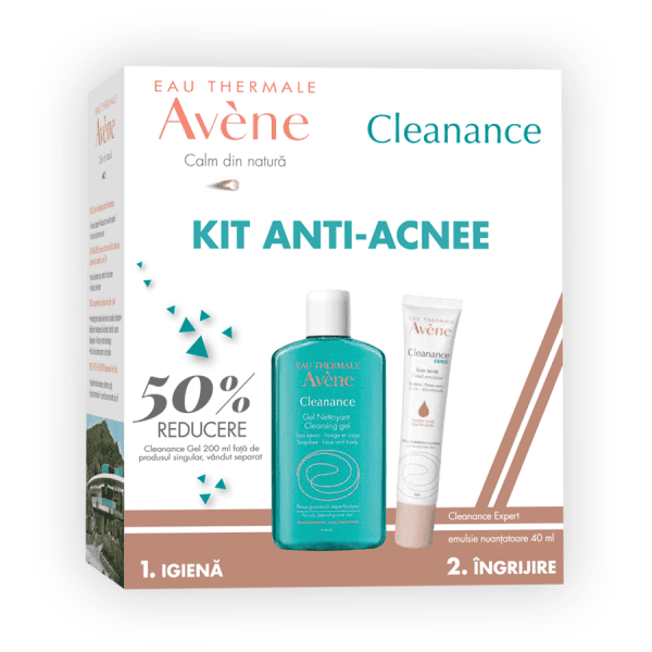 AVENE Pachet Gel de curatare pentru ten gras cu tendinta acneica Cleanance, 200 ml  Emulsie nuantatoare pentru ten cu tendinta acneica Cleanance Expert, 40 ml