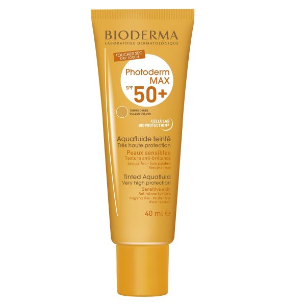 BIODERMA Fluid pentru protectie solara nuanta aurie Photoderm Max Aquafluide SPF 50, 40 ml