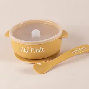Bol cu Capac si Lingurita Silicon Mustard, 1 buc, Little Prints