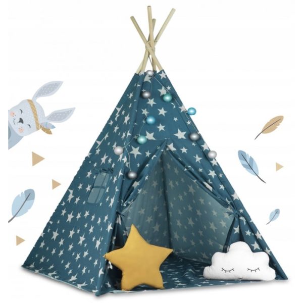 Cort de Joaca pentru Copii cu Lumini si 2 Pernite 120x120x165cm Bleumarin cu Stelute, Ricokids