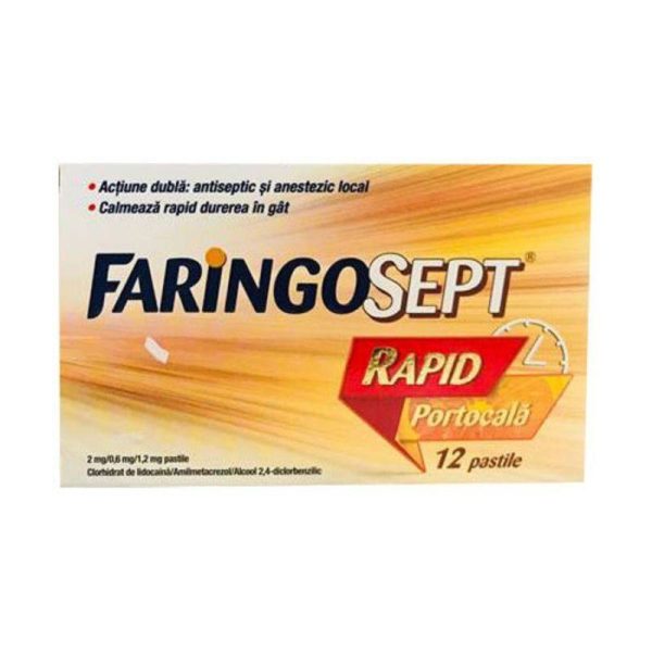 Faringosept Rapid cu aroma de portocala, 12 pastile, Terapia