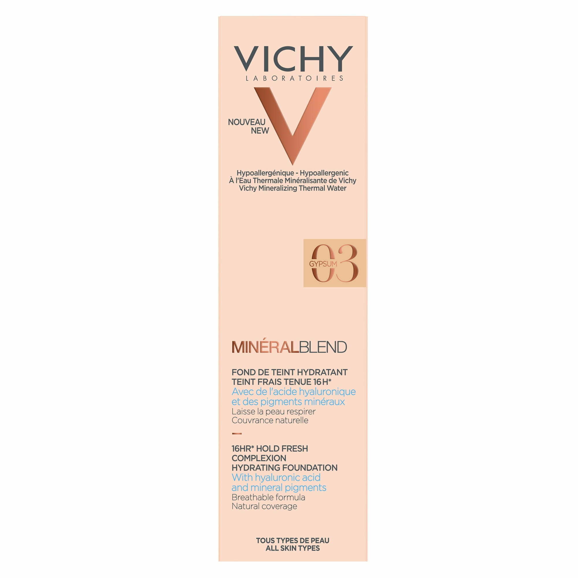 Fond de ten cu acid hialuronic MineralBlend Fond de ten cu acid hialuronic MineralBlend, Nuanta Gypsum 03, 30 ml, Vichy