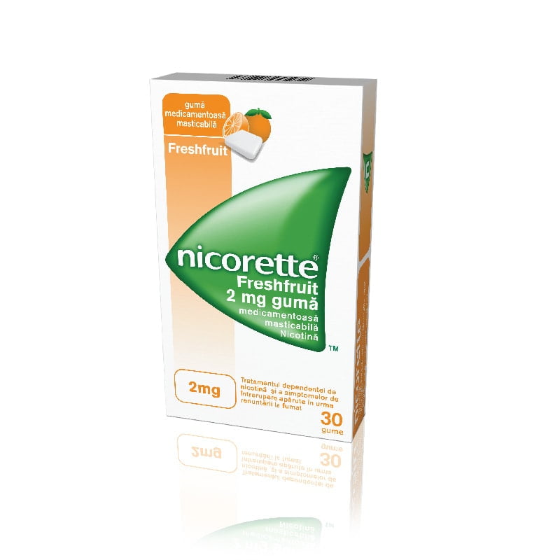 Nicorette Freshfruit guma de mestecat impotriva fumatului, 2 mg, 30 gume, Mcneil