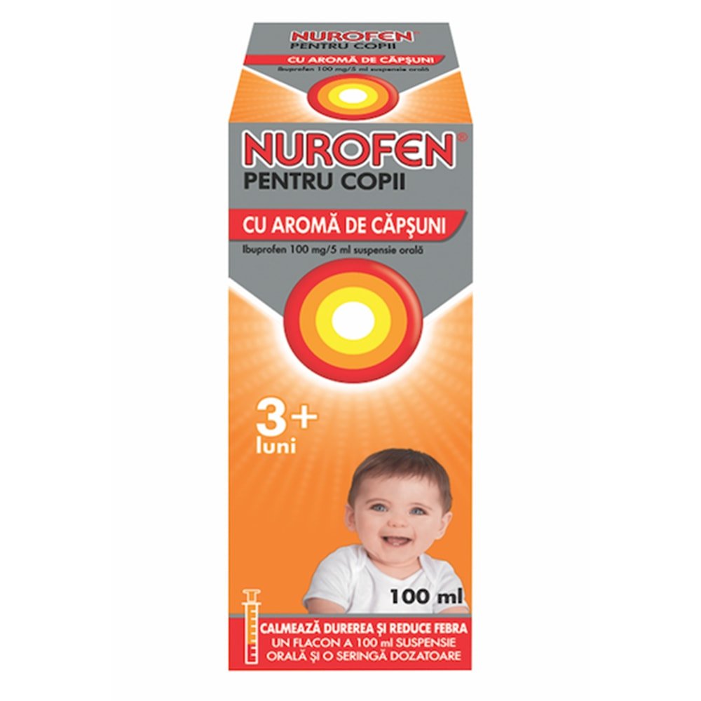 Nurofen 100 mg pentru copii 3 luni aroma de capsuni, 100 ml, Reckitt