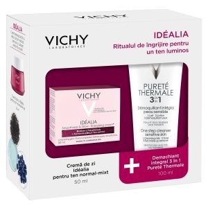 Pachet Crema energizanta cu efect de netezire si iluminare pentru tenul uscat Idealia, 50 ml, Vichy  Demachiant integral 3 in 1 Purete Thermale, 100 ml, Vichy