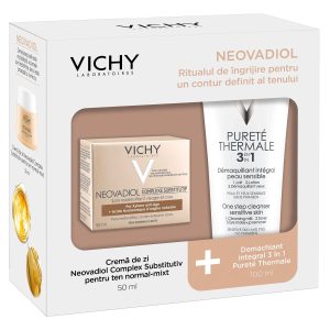 Pachet Crema reactivatoare fundamentala pentru tenul matur si uscat Neovadiol Complex Substitutiv Pachet Crema reactivatoare fundamentala pentru tenul matur si uscat Neovadiol Complex Substitutiv, 50 ml, Vichy Demachiant integral 3 in 1 Purete Thermale, 100 ml, Vichy