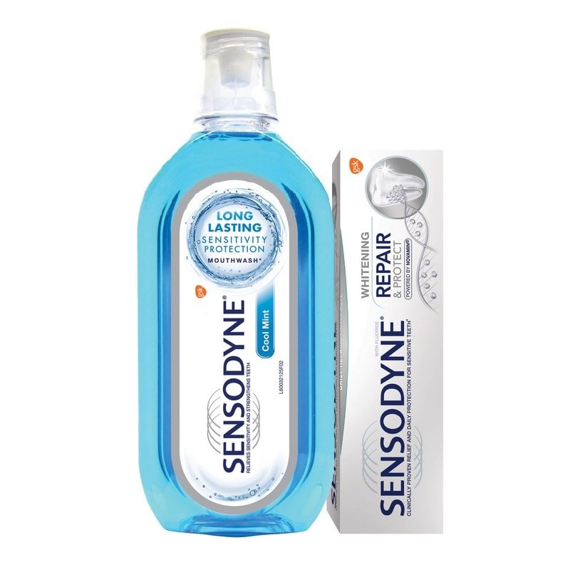 Pachet Pasta de dinti Repair & Protect Whitening Sensodyne Pachet Pasta de dinti Repair & Protect Whitening Sensodyne, 75 ml Apa de gura Senzitivity Protection Sensodyne, 500 ml, Gsk
