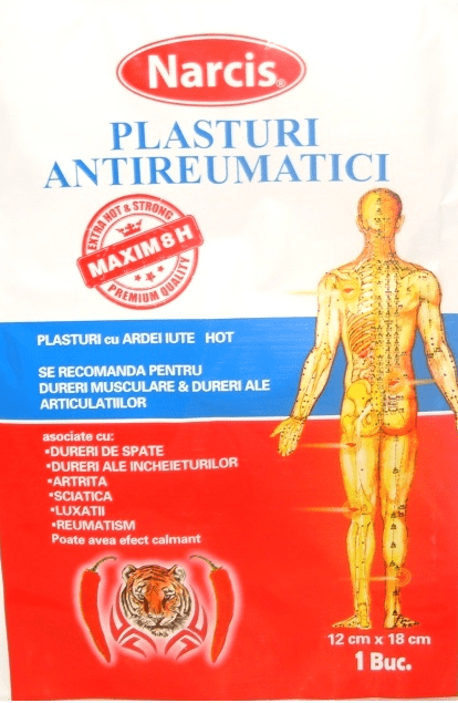 Plasture antireumatic cu ardei iute 12 cm x 18 cm Plasture antireumatic cu ardei iute 12 cm x 18 cm, 1 bacata, NARCIS