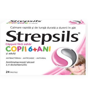 Strepsils cu aroma de capsuni fara zahar copii 6 ani, 24 pastile, Reckitt Benckiser Healthcare