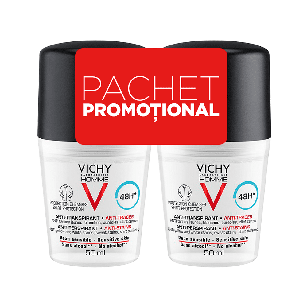 VICHY Pachet Deodorant roll-on antiperspirant anti-urme pentru barbati 48h, 50 ml  50 ml, Vichy Homme