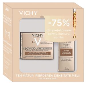 Vichy Pachet Crema reactivatoare fundamentala pentru tenul matur si uscat Neovadiol Complex Substitutiv Vichy Pachet Crema reactivatoare fundamentala pentru tenul matur si uscat Neovadiol Complex Substitutiv, 50 ml Crema contur ochi si buze Neovadiol, 15 ml