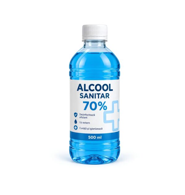 Alcool Sanitar 70% 500ml Sticla de alcool sanitar 70% pentru igienizare, 500ml.