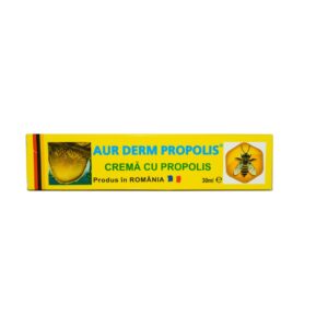 Crema cu propolis Aur Derm Propolis, 30 ml, ambalaj galben cu miere și albină.