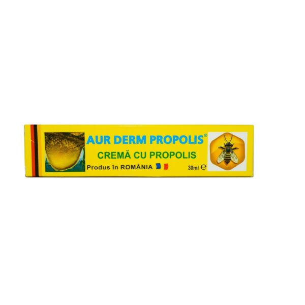 Farmacia Morpheus Aur Derm Propolis Crema cu propolis Aur Derm Propolis, 30 ml, ambalaj galben cu miere și albină.