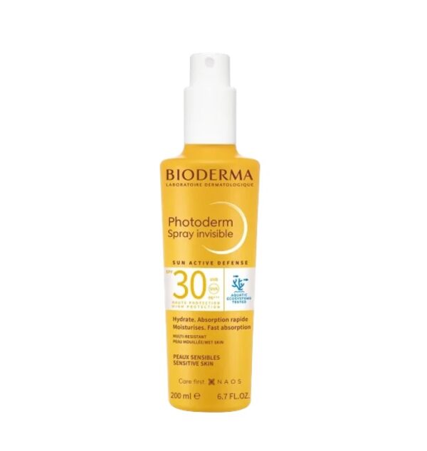 Spray solar Bioderma SPF30, 200 ml pentru protecție eficientă împotriva razelor UV.