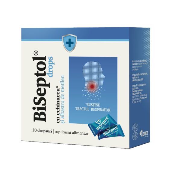 Biseptol drops pentru infecții respiratorii Cutie cu Biseptol drops pentru tratament infecții respiratorii, 20 dropsuri, supliment alimentar.