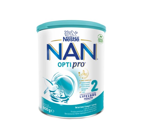 Pachet cu lapte de continuare NAN Optipro 2 pentru bebeluși, 800 g.
