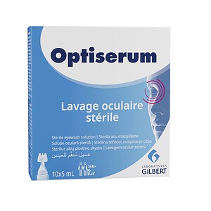 Cutie cu soluție oculară sterilă Optiserum pentru spălare ochi.
