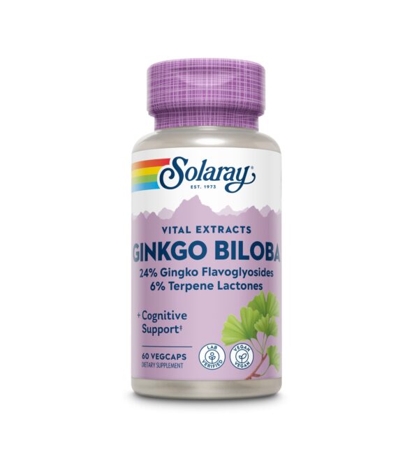 Ginkgo Biloba Solaray 60 capsule pentru sănătate cerebrală și circulație.