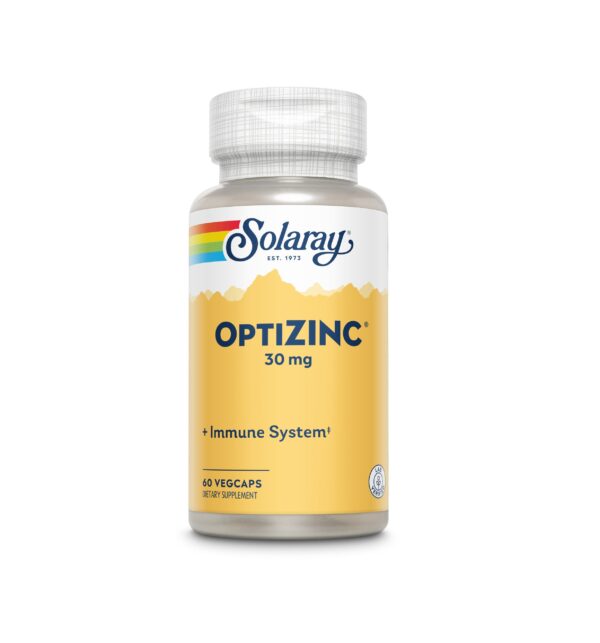 Supliment Solaray Optizinc 30 mg, capsule pentru susținerea sistemului imunitar și sănătății general.