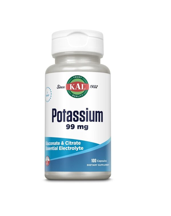 Capsule de potasiu 99 mg pentru sănătate și echilibru electrolitic, ideal pentru suplimentare în die.