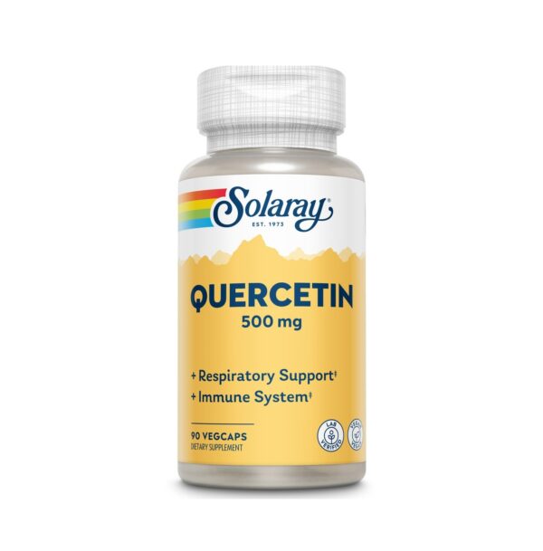Flacon cu 90 capsule Quercetin 500 mg Solaray pentru suport respirator și imunitate.