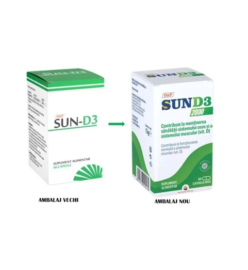 D3, 60 capsule, Sun Wave Pharma D3, supliment pentru sănătate osoasă și sistem imunitar, 60 capsule.