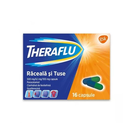 Durere și Tuse Theraflu, 16 capsule, Haleon Imagine cu medicament Theraflu pentru răceală și tuse, 16 capsule, Haleon.