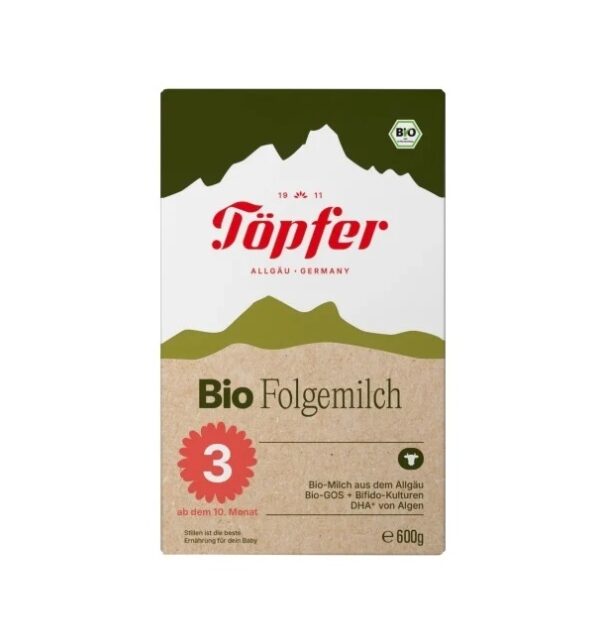 Töpfer Bio Folgemilch 3 pentru bebeluși Pachet de lapte praf bio pentru bebeluși de 10 luni și peste, 600 g.