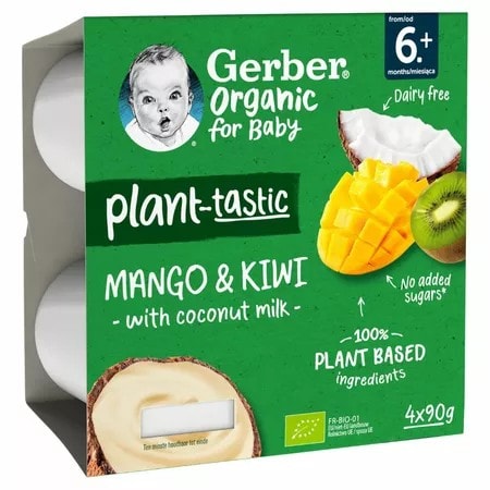 GERBER Desert bio din mango, kiwi si cocos, +6 luni, 4x90 g