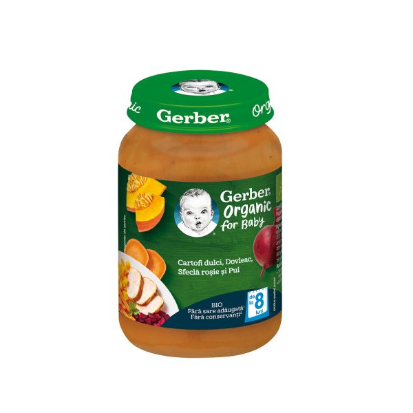 GERBER Piure bio din cartofi dulci, dovleac, sfecla rosie si pui, +8 luni, 190 g