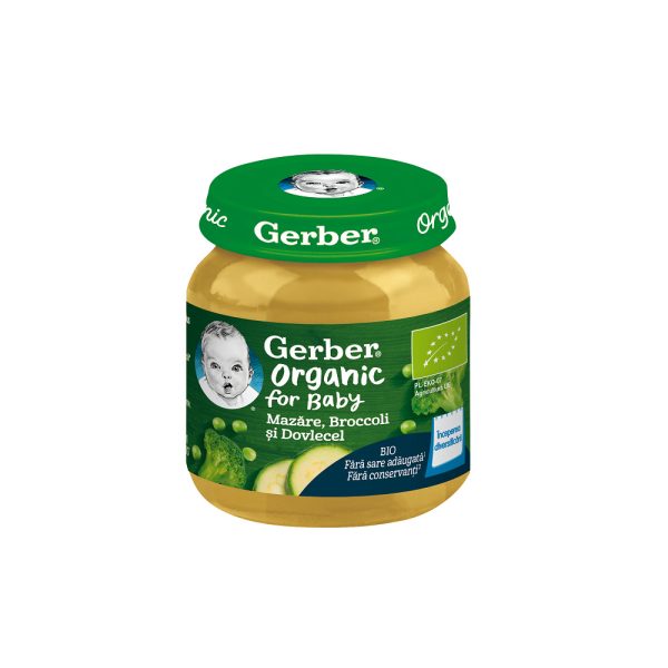 GERBER Piure bio din mazare, brocoli si dovlecel, 125 g