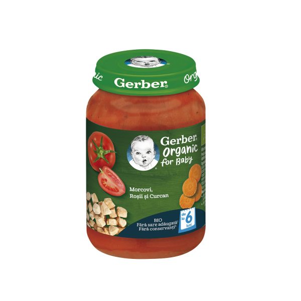 GERBER Piure bio din morcovi, rosii si curcan, +6 luni, 190 g