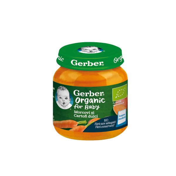 GERBER Piure bio din morcovi si cartofi dulci, 125 g