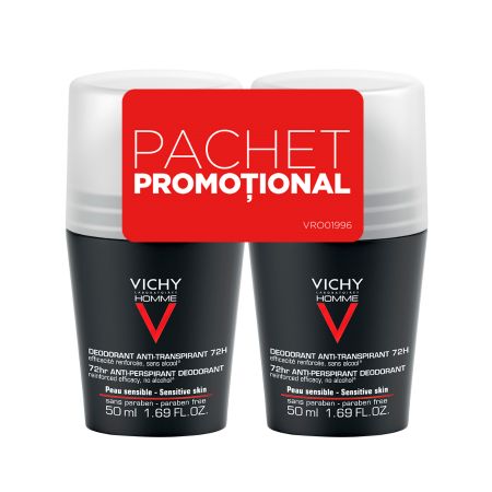 VICHY Deo Roll-on Homme 72h Pachet,  50 ml + 50 ml
