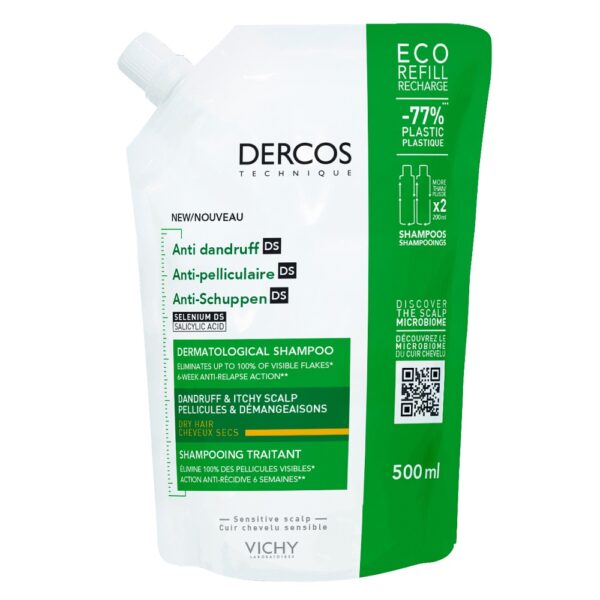 VICHY Dercos Sampon Anti-Matreata Pentru Par Uscat, Eco Pack, 500 ml