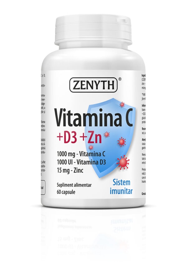 Vitamina C 1000 mg + D3 1000 UI + Zn 15 mg, 60 Comprimate, Zenyth