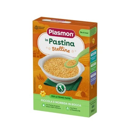Pastina Stelline Plasmon pentru bebeluși, ideală pentru primele mese, ușor de mestecat și bogată în.