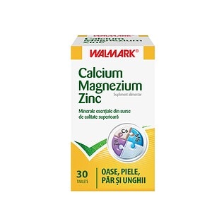 Cutie cu 30 tablete de Calciu, Magneziu și Zinc pentru o sănătate optimă.