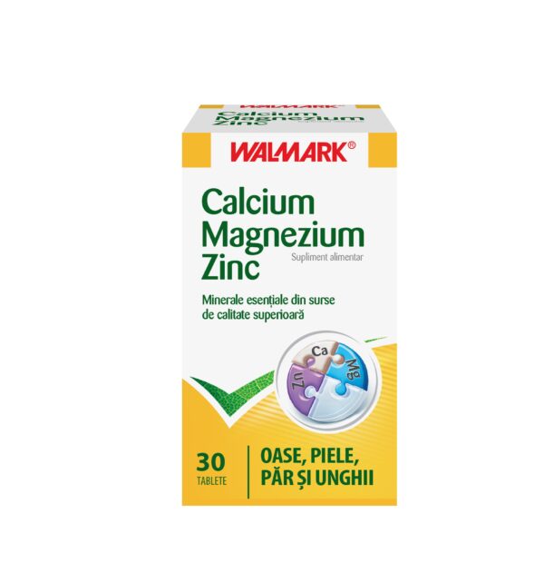 Cutie cu 30 tablete de Calciu, Magneziu și Zinc pentru o sănătate optimă.