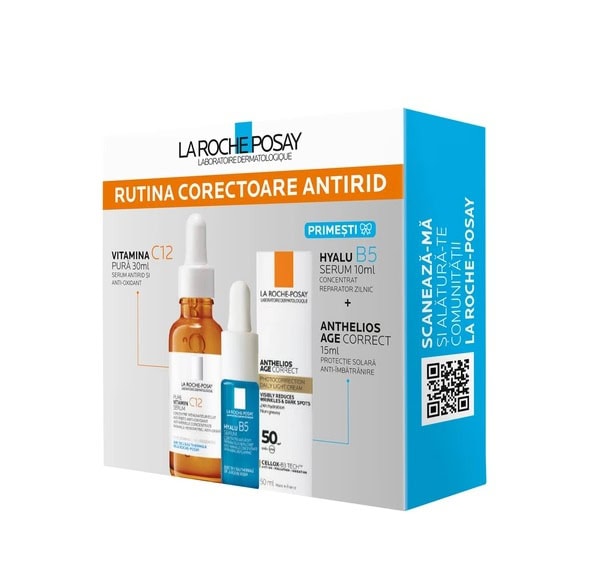 LA ROCHE-POSAY Pachet Serum Vitamina C12 Pura 30ml+Mini Anthelios AgeCorrect 15ml+Mini HyaluB5 Serum 10ml