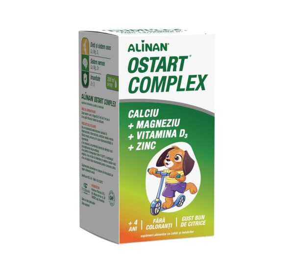 Alinan Ostart Complex Ca Mg Zn D3 sirop Cutie Ostart Complex cu calciu, magneziu, zinc și vitamina D3 pentru copii.