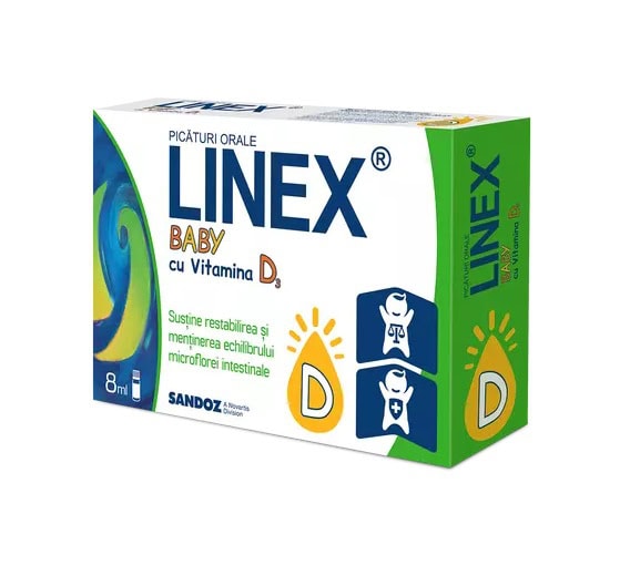 Linex Baby cu Vitamina D3 Picături Orale, 8 ml, Sandoz