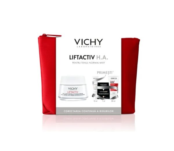 Pachet Crema Antirid Ten Normal-Mixt Liftactiv HA, 50 ml + Fluid cu SPF 50+ Capital Soleil, 15 ml + Fond de Ten Dermablend, 25 Nude, 1 ml + Sampon Aminexil Dercos, 50 ml, Vichy
