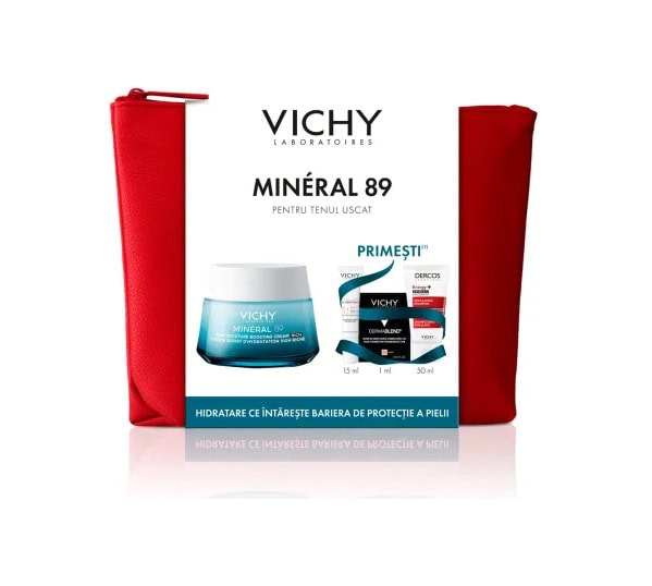 Pachet Crema pentru Ten Uscat Mineral 89, 50 ml + Fluid cu SPF 50+ Capital Soleil, 15 ml + Fond de Ten Dermablend, 25 Nude, 1 ml + Sampon Aminexil Dercos, 50 ml, Vichy