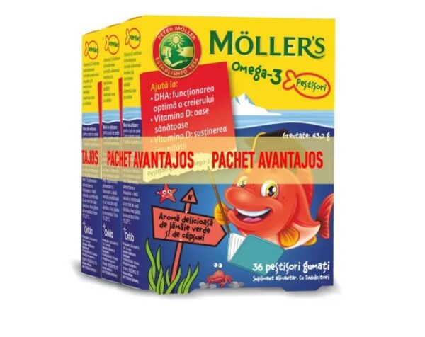 Pestisori Gumati cu Omega 3 si Aroma de Lamaie Verde si Capsuni, 3 x 36 Jeleuri, Moller's