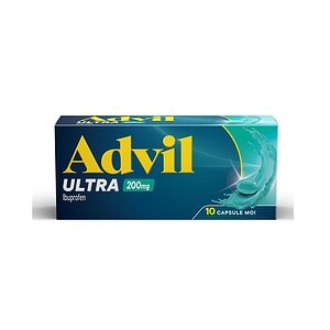 Advil Ultra 200 mg, 10 capsule moi Cutie cu 10 capsule moi de Advil Ultra 200 mg pentru durere.