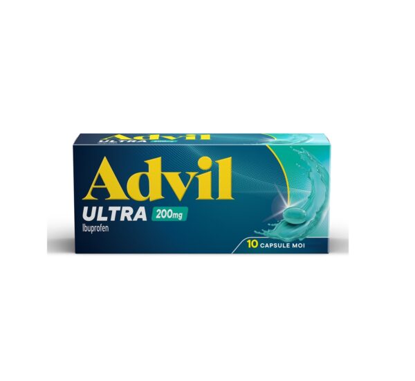 Advil Ultra 200 mg, 10 capsule moi Cutie cu 10 capsule moi de Advil Ultra 200 mg pentru durere.