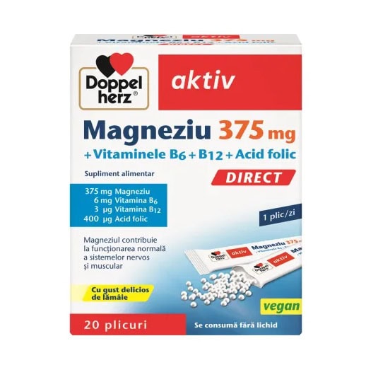 Magneziu 375 mg Direct + Vitaminele B6 + B12 + Acid folic, 20 plicuri, Doppelherz