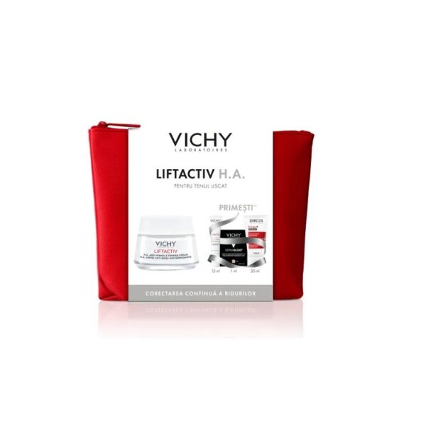 Pachet Crema antirid ten uscat Liftactiv HA, 50 ml + Fluid cu SPF 50+ Capital Soleil, 15 ml + Fond de ten Dermablend, 25 Nude, 1 ml + Sampon Aminexil Dercos, 50 ml, Vichy